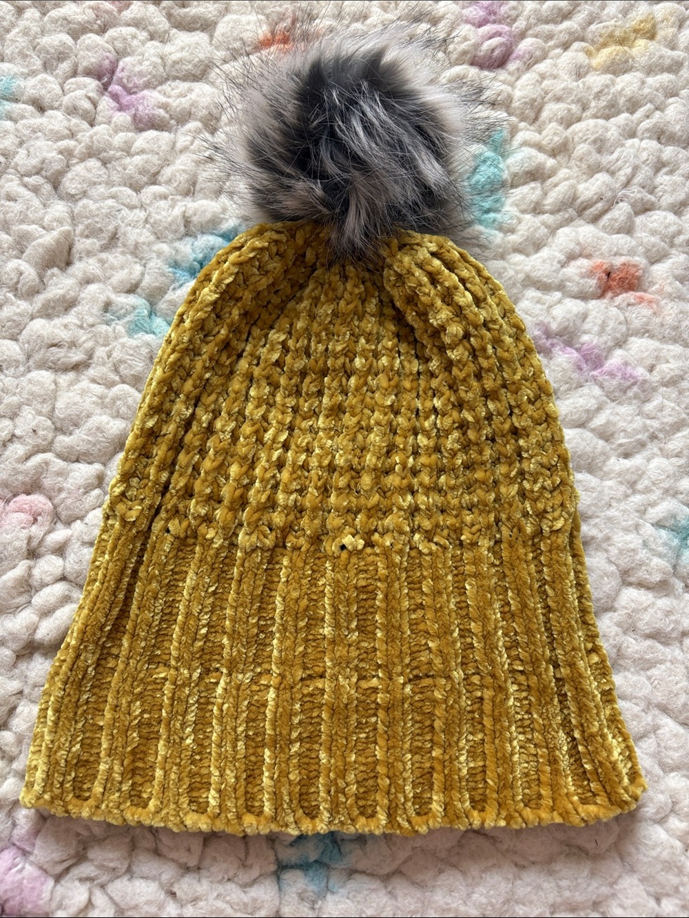Express Yellow Gold Knit Pom Beanie with Faux Fur